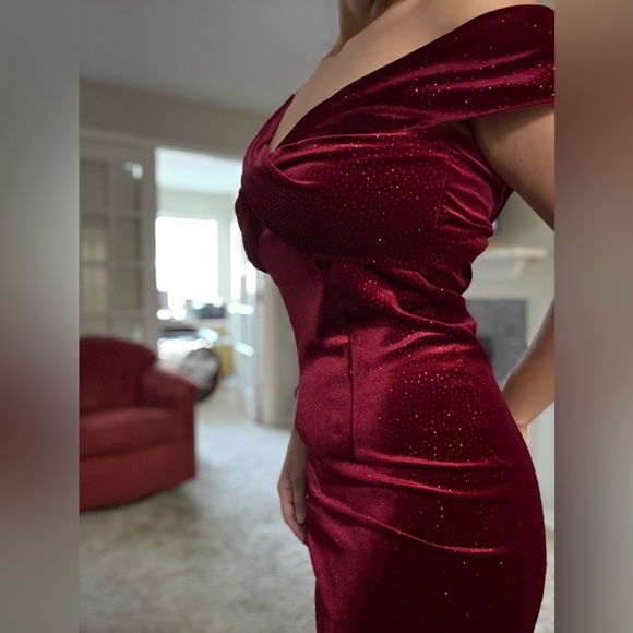 Custom Made Burgundy Off-Shoulder Sparkly Dress - Picture 4 of 4